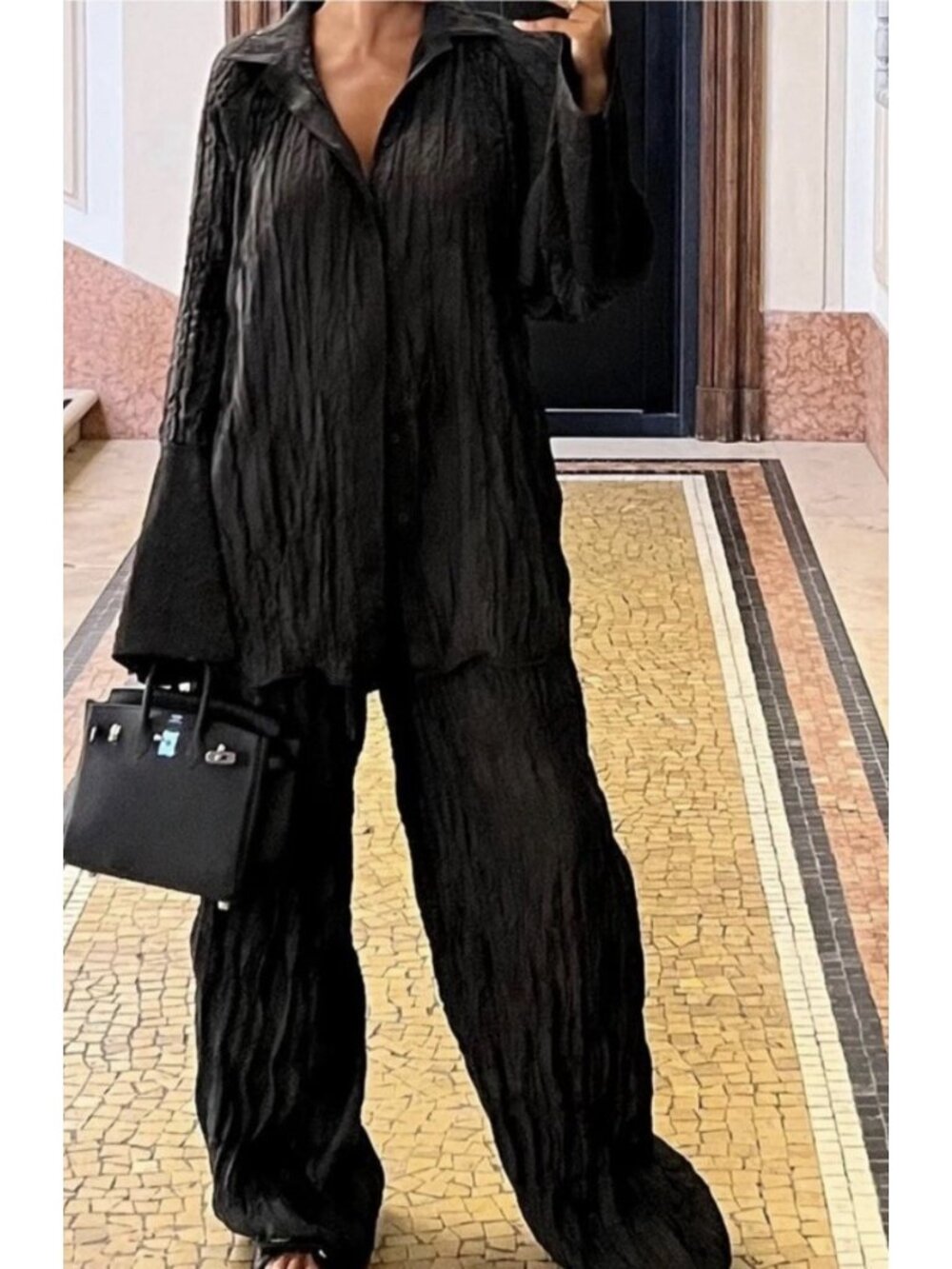 Local European Crinkle Top And Pants Set Black Size L Baggy Loose